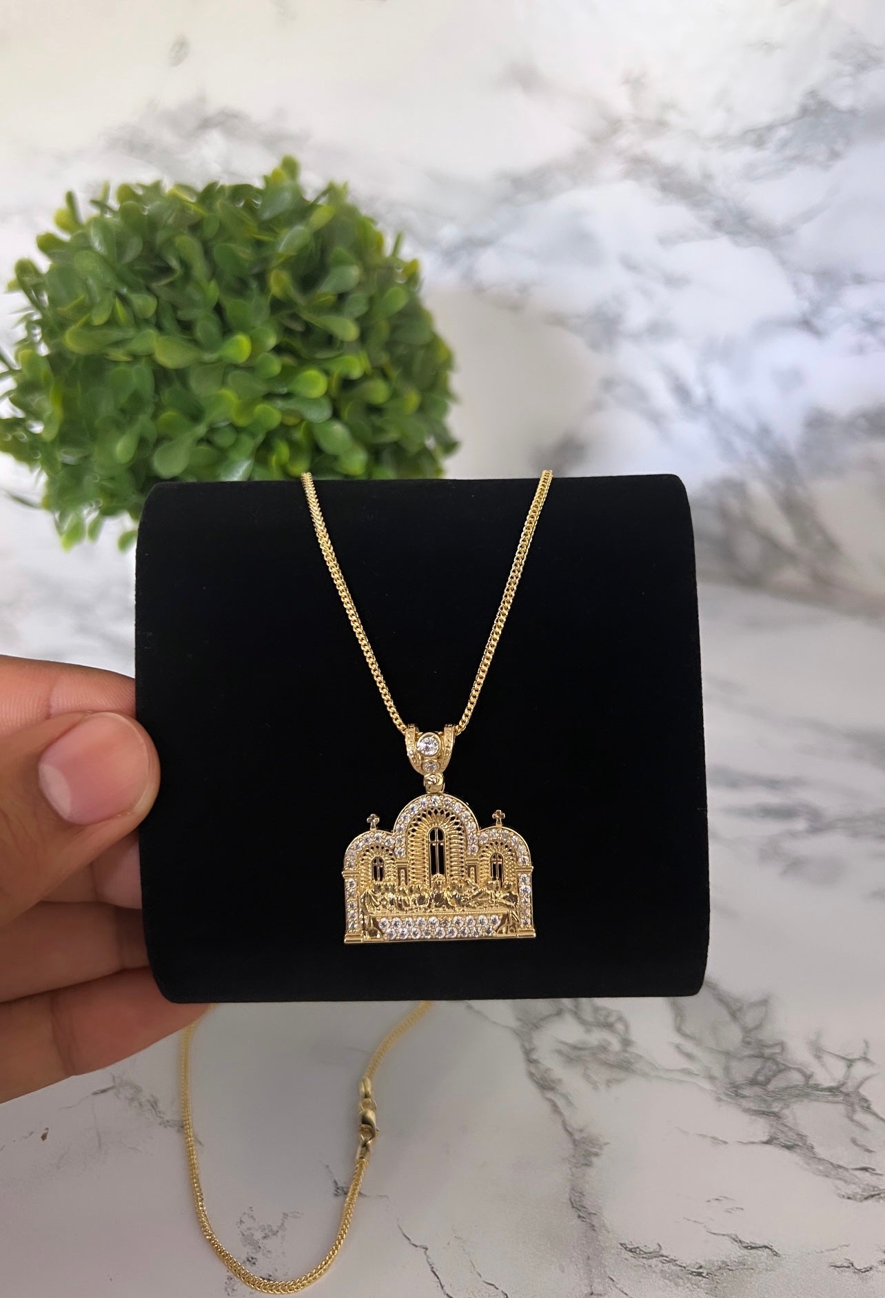 14k Hollow Franco w/Last Supper Pendant Cz