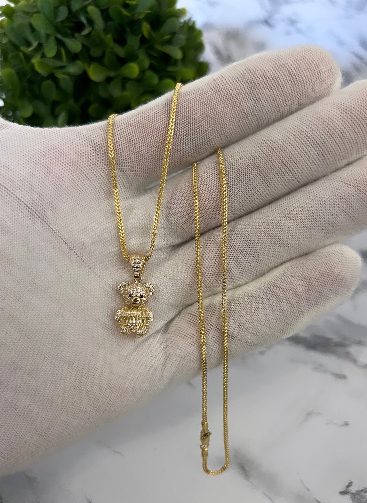 14k Hollow Franco Chain w\Teddy Bear Pendant 🧸 Cz