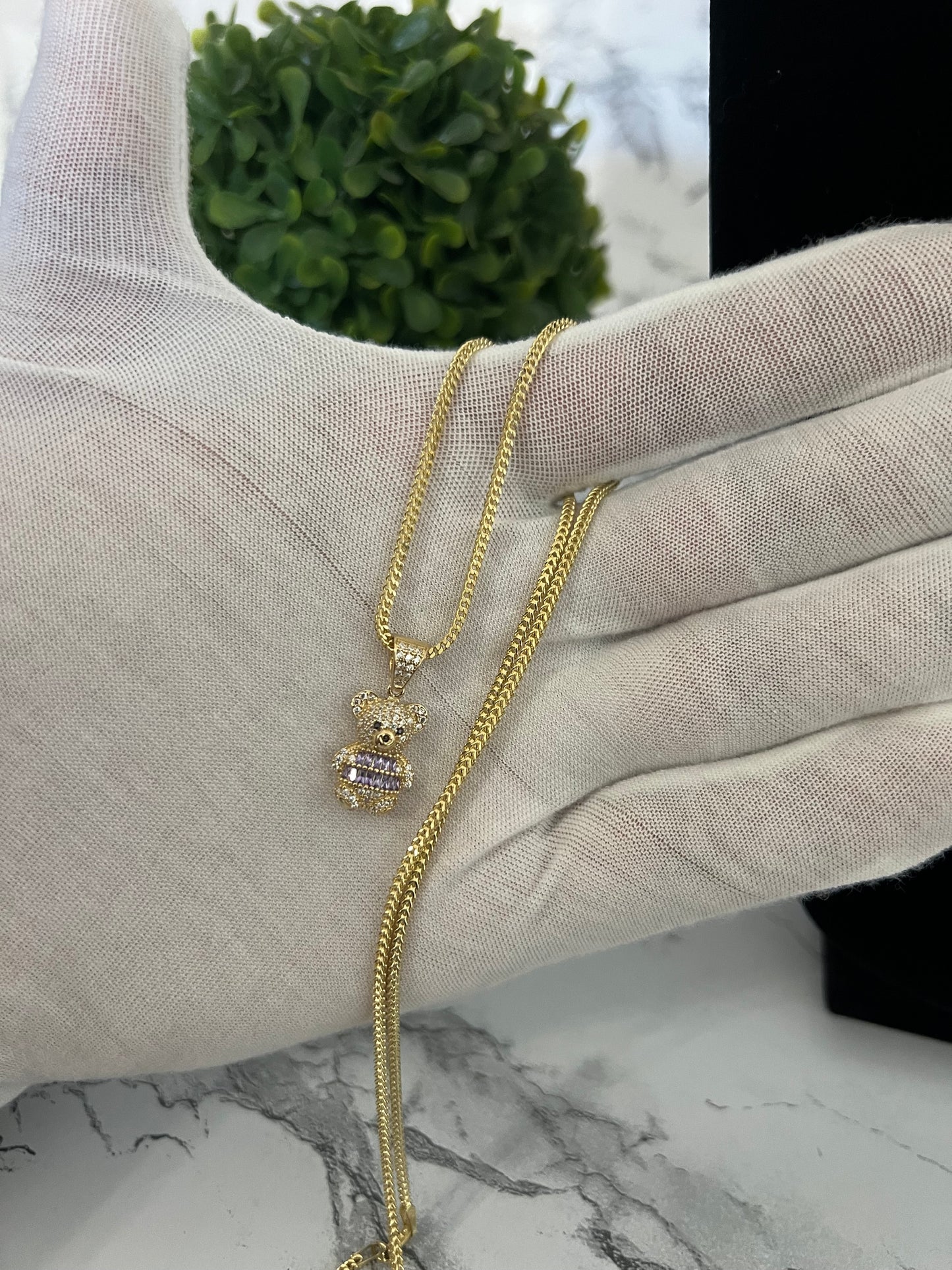 14K Hollow Franco w/Teddy bear 🧸Purple Cz