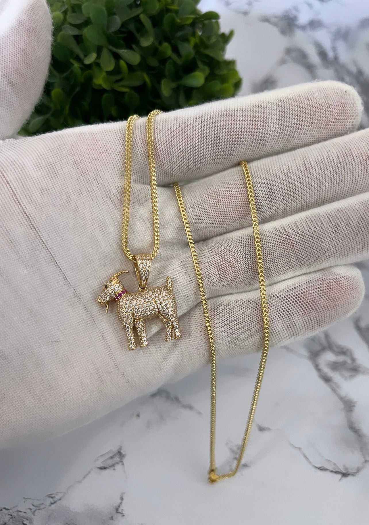 14k Hollow Franco w/Goat Pendant Cz